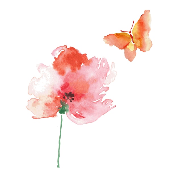 Butterfly and flower watercolor drawing isolated on white.