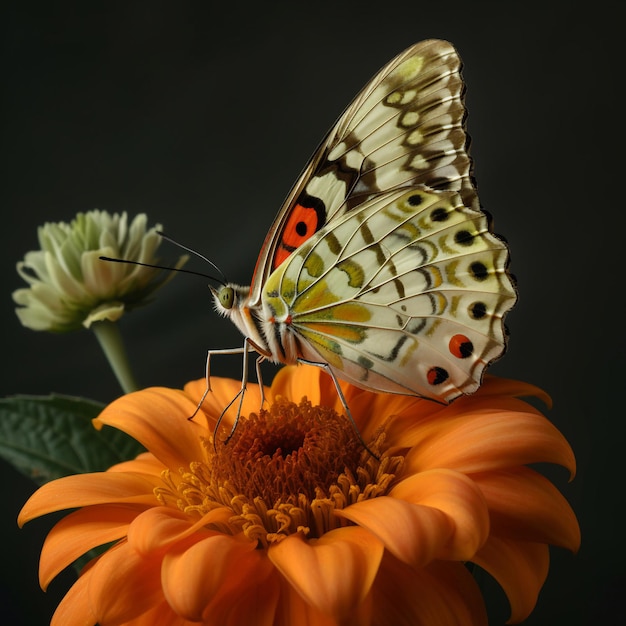 A butterfly on a flower with a black background