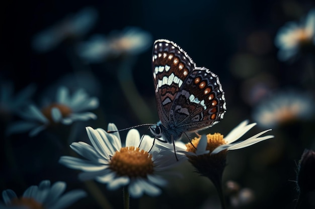 A butterfly on a flower with a dark background