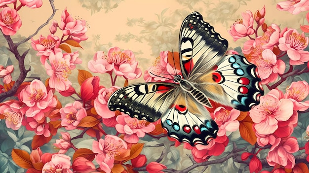 A butterfly on a flower with a pink background