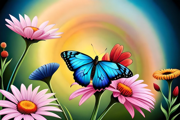 A butterfly on a flower with a rainbow background