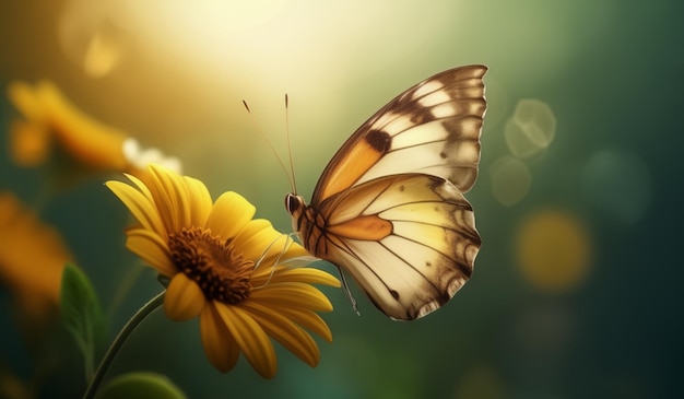 a butterfly on a flower with the sun behind it