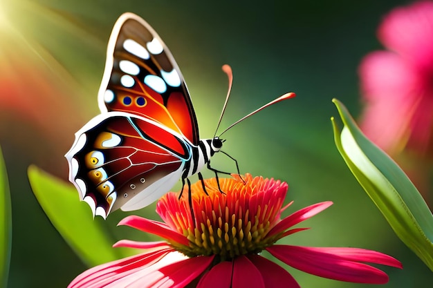 A butterfly on a flower with the sun shining on it