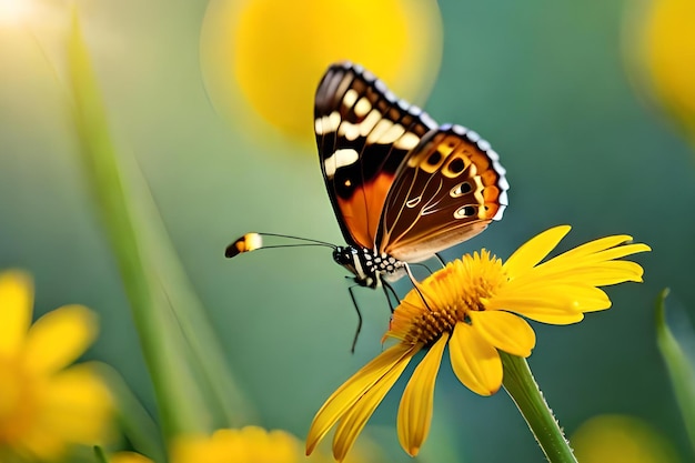 A butterfly on a flower with a yellow flower in the background