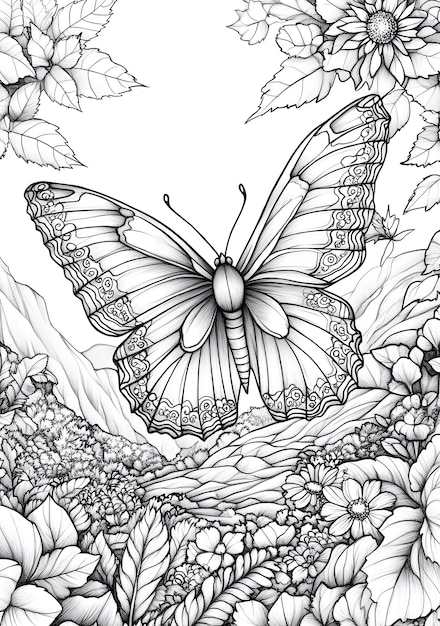 Photo butterfly in flowers drawing realistic art white background coloring page for adult