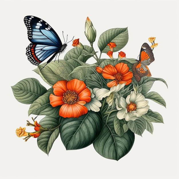 Butterfly on flowers and leaves with white background generative AI