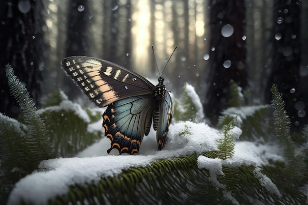 Butterfly fluttering amidst the snowcovered forest surrounded by nature