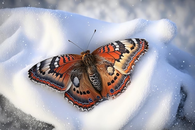 Butterfly fluttering above blanket of snow