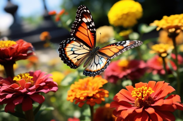 Butterfly Flying Over Field of Flowers