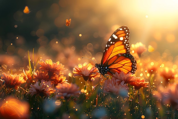 Butterfly Flying Over Field of Flowers