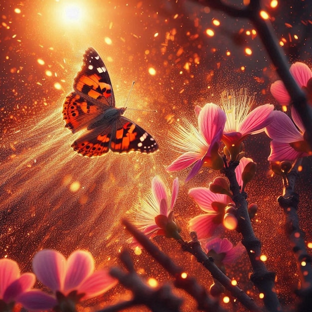 a butterfly flying over a flower with the sun behind it