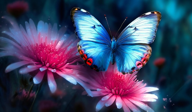 A butterfly flying over a flower