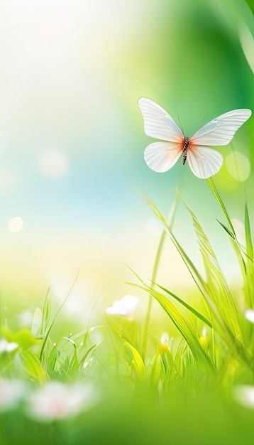 a butterfly flying over a green field with a blue sky in the background