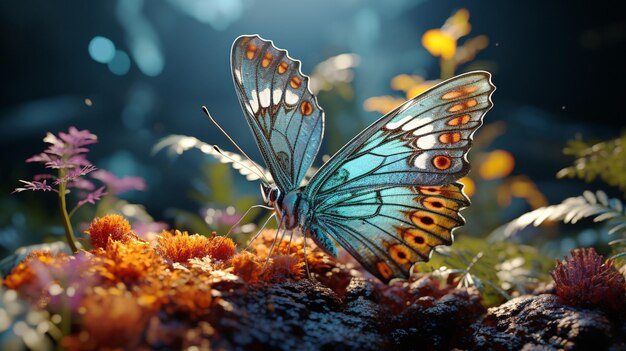 Butterfly flying over vibrant natures colorful pattern