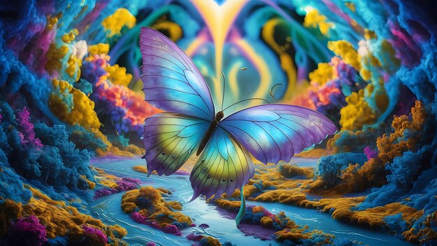 Photo butterfly flying over vibrant natures colorful patterns generative ai