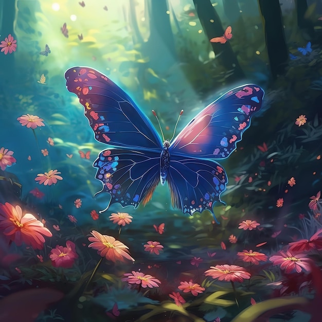 A butterfly in the forest with a blue butterfly on the wings.