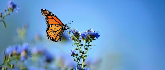 A butterfly gracefully hovering over a wildflower with clear blue skies