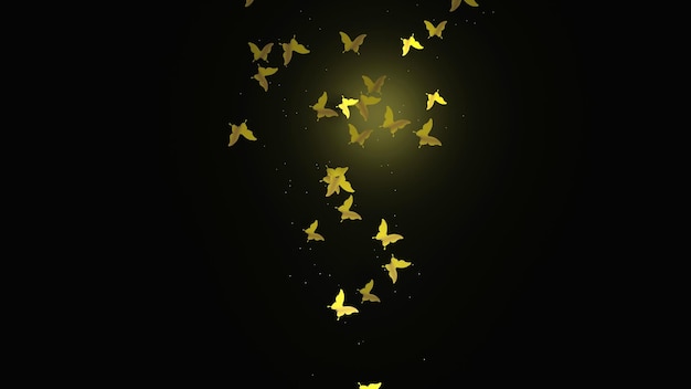 A butterfly herd is flying in dark space with gold dust 3D Rendering