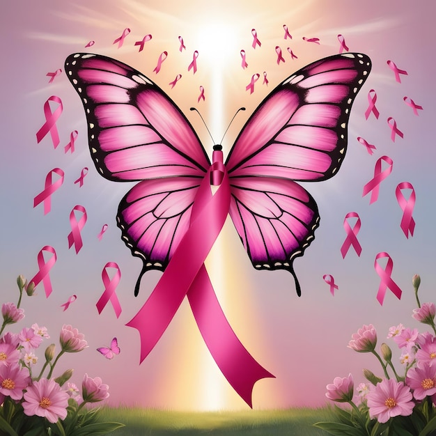 Photo butterfly of hope pink ribbon wings symbolizing transformation and new beginnings in breast cancer