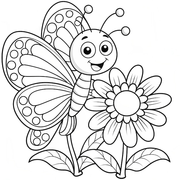 Butterfly illustration Butterfly with flower coloring page for kids