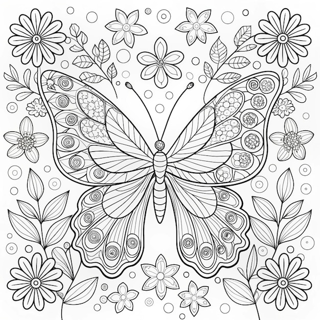 Butterfly illustration Butterfly with flower coloring page for kids