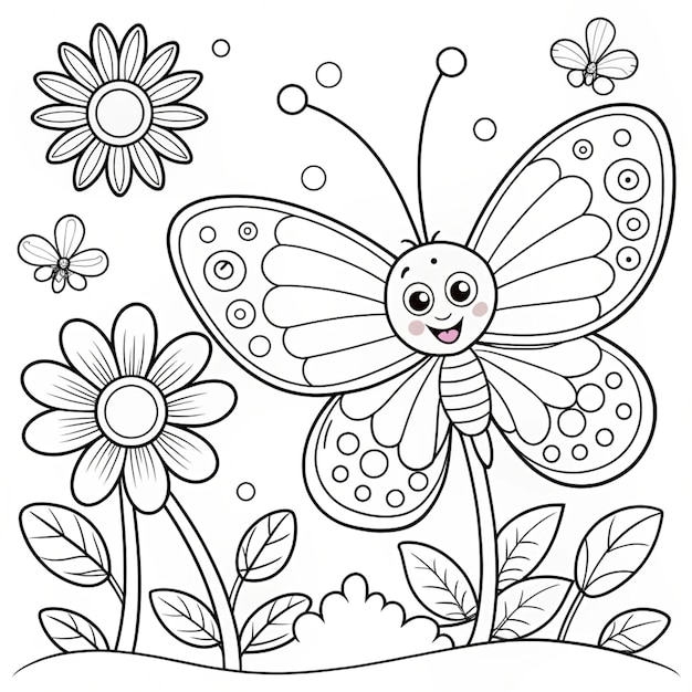 Butterfly illustration Butterfly with flower coloring page for kids