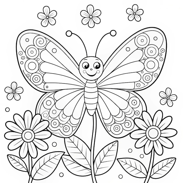 Butterfly illustration Butterfly with flower coloring page for kids