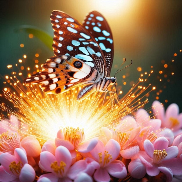 a butterfly is being sprayed with the sun behind it