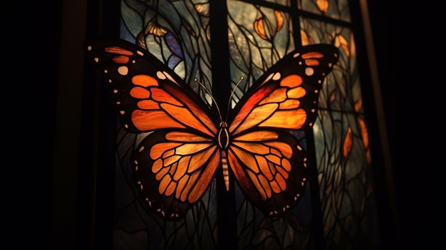 A butterfly is displayed in a window.