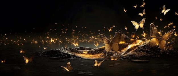 A butterfly is floating in the dark with a light coming through it