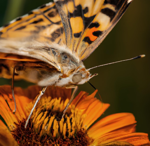 A butterfly is on a flower and the butterfly is about to take a drink.