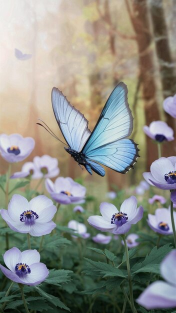 a butterfly is on the flower and the butterfly is blue