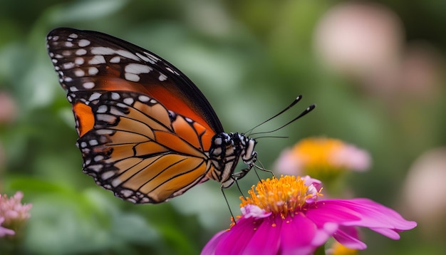 a butterfly is on a flower and the butterfly is yellow and orange