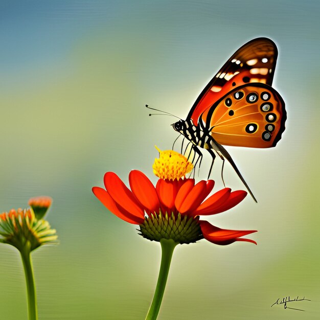 a butterfly is on the flower and the picture is taken in the background