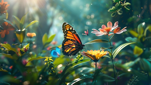 a butterfly is on a flower in the sunlight