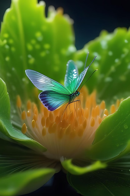 a butterfly is on a flower with a green butterfly on it