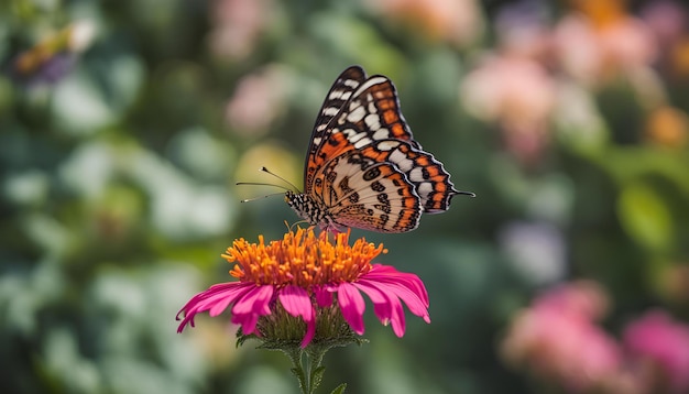 a butterfly is on a flower with purple flowers in the background