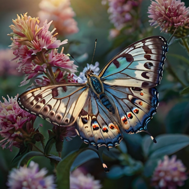 a butterfly is on a flower with the sun behind it