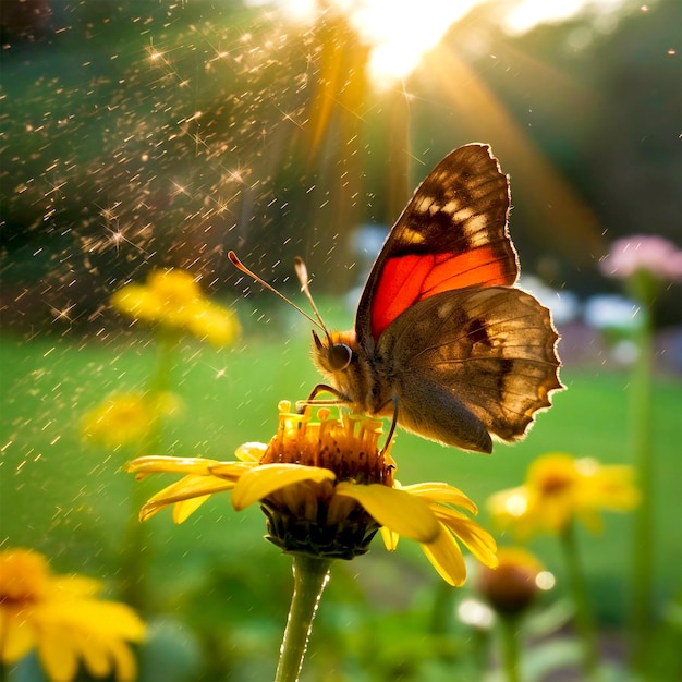 Butterfly is on a flower with the sun shining through it