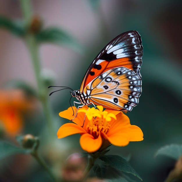 A butterfly is on a flower with the word