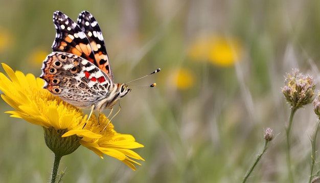 a butterfly is on a flower with yellow flowers in the background