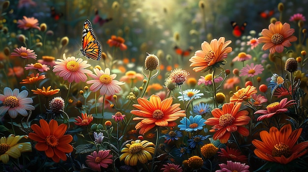 a butterfly is on the flowers and the butterfly is flying