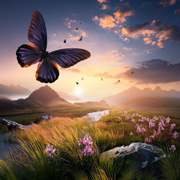 a butterfly is flying over a field of flowers and grass