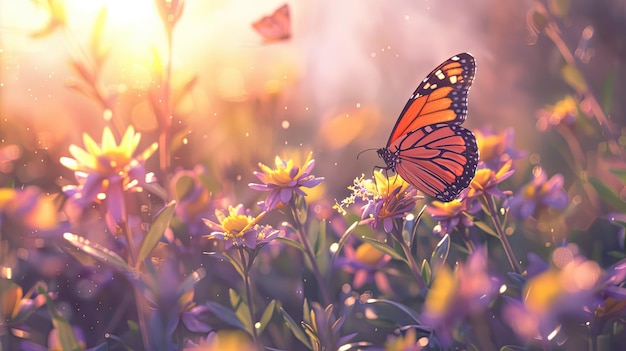 a butterfly is flying over a field of flowers