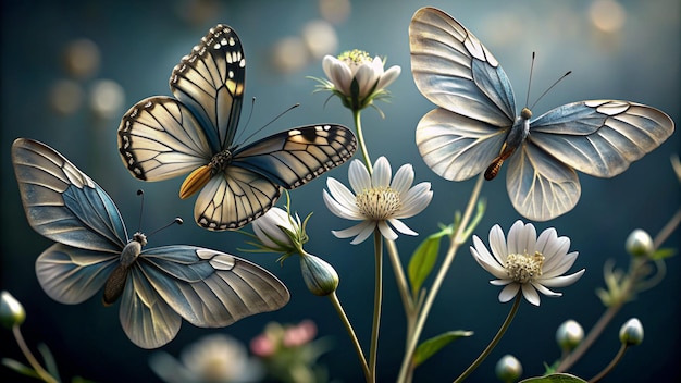 a butterfly is flying over a flower with butterflies