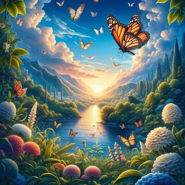 a butterfly is flying over a pond with butterflies and butterflies