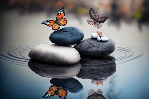 A butterfly is flying over rocks and a butterfly is above them.