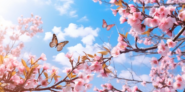 a butterfly is flying over a tree with pink flowers