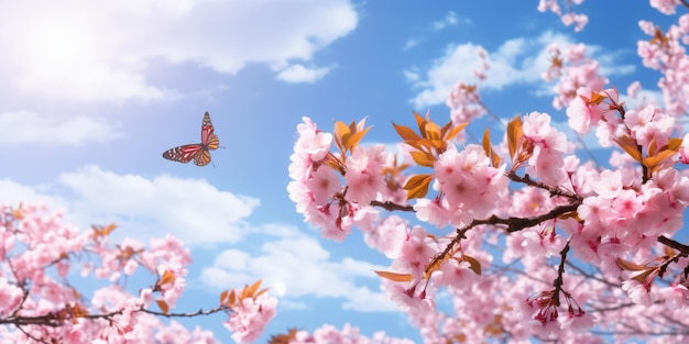 a butterfly is flying over a tree with pink flowers