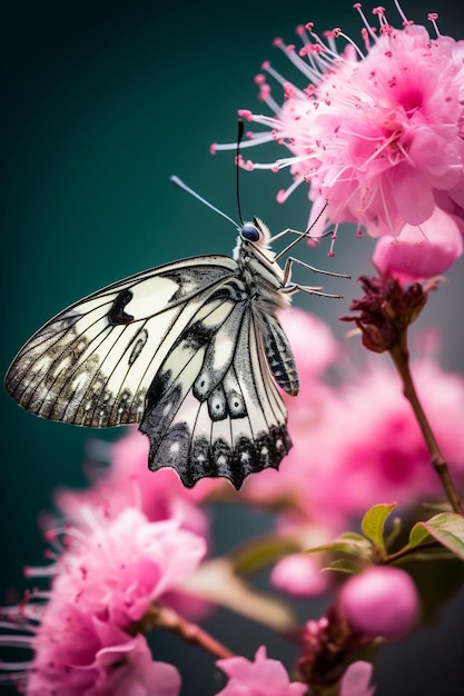 a butterfly is hanging from a flower with a green background